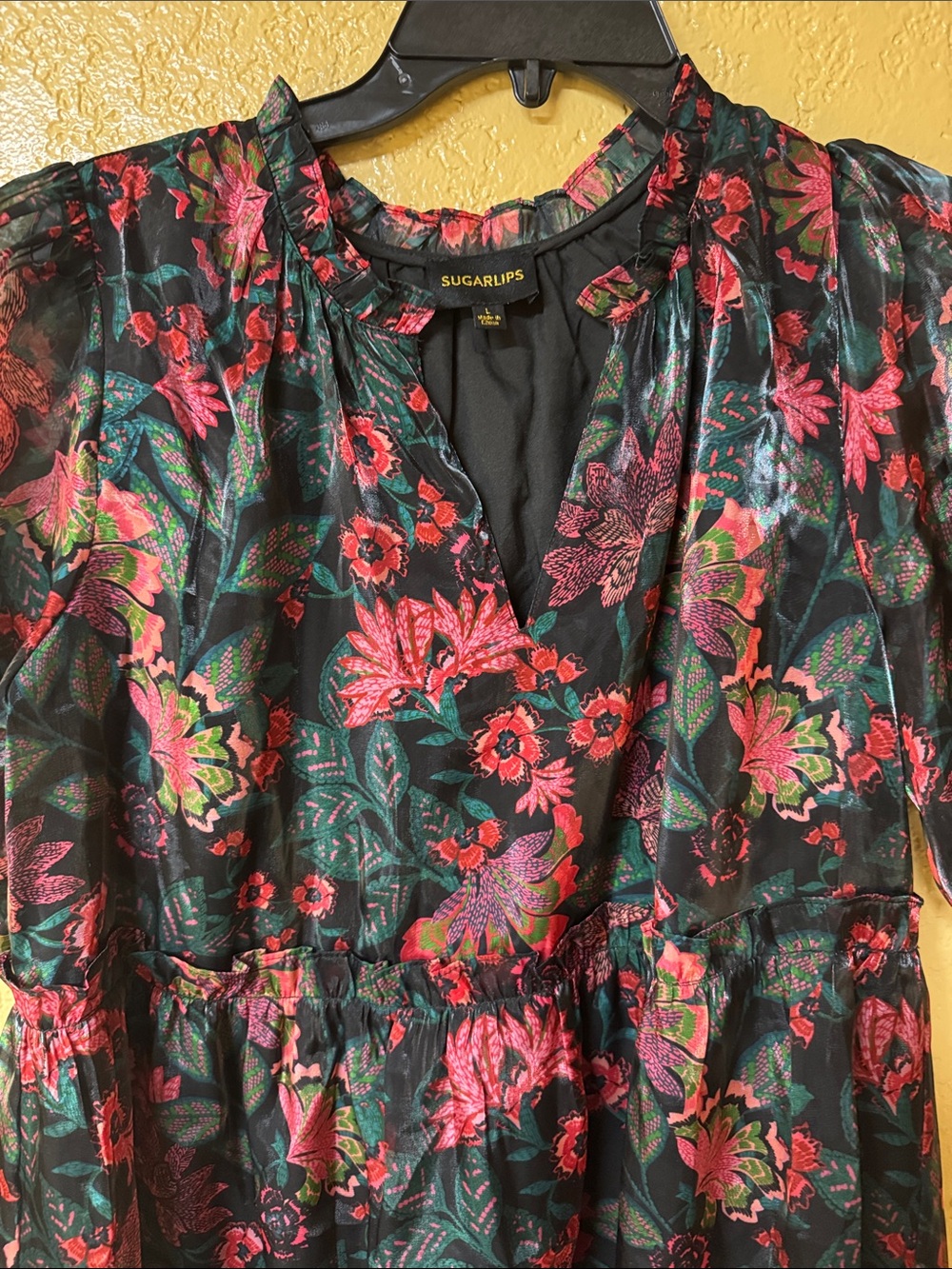 Sugarlips Black Floral Midi Dress with Pink & Green Accents